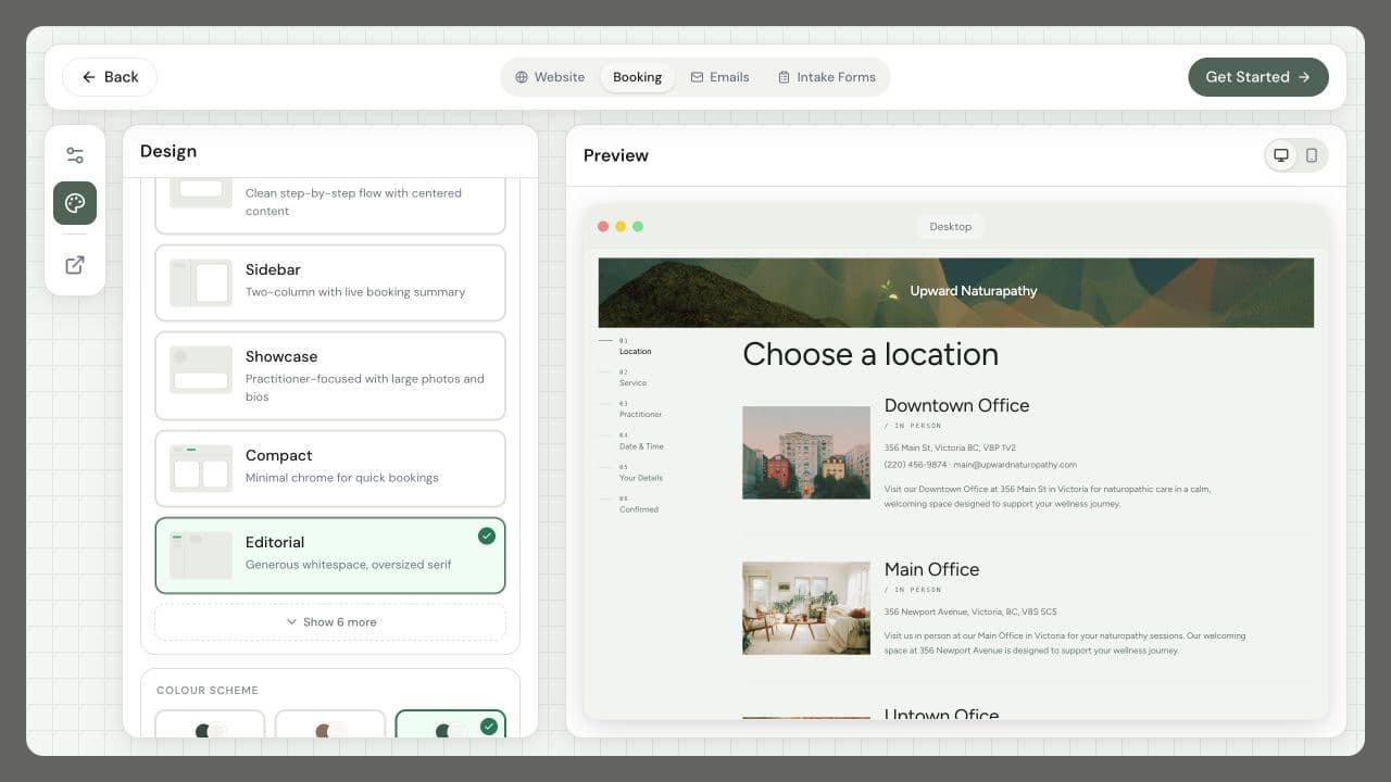 Stillpoint booking page editor with the Editorial layout selected