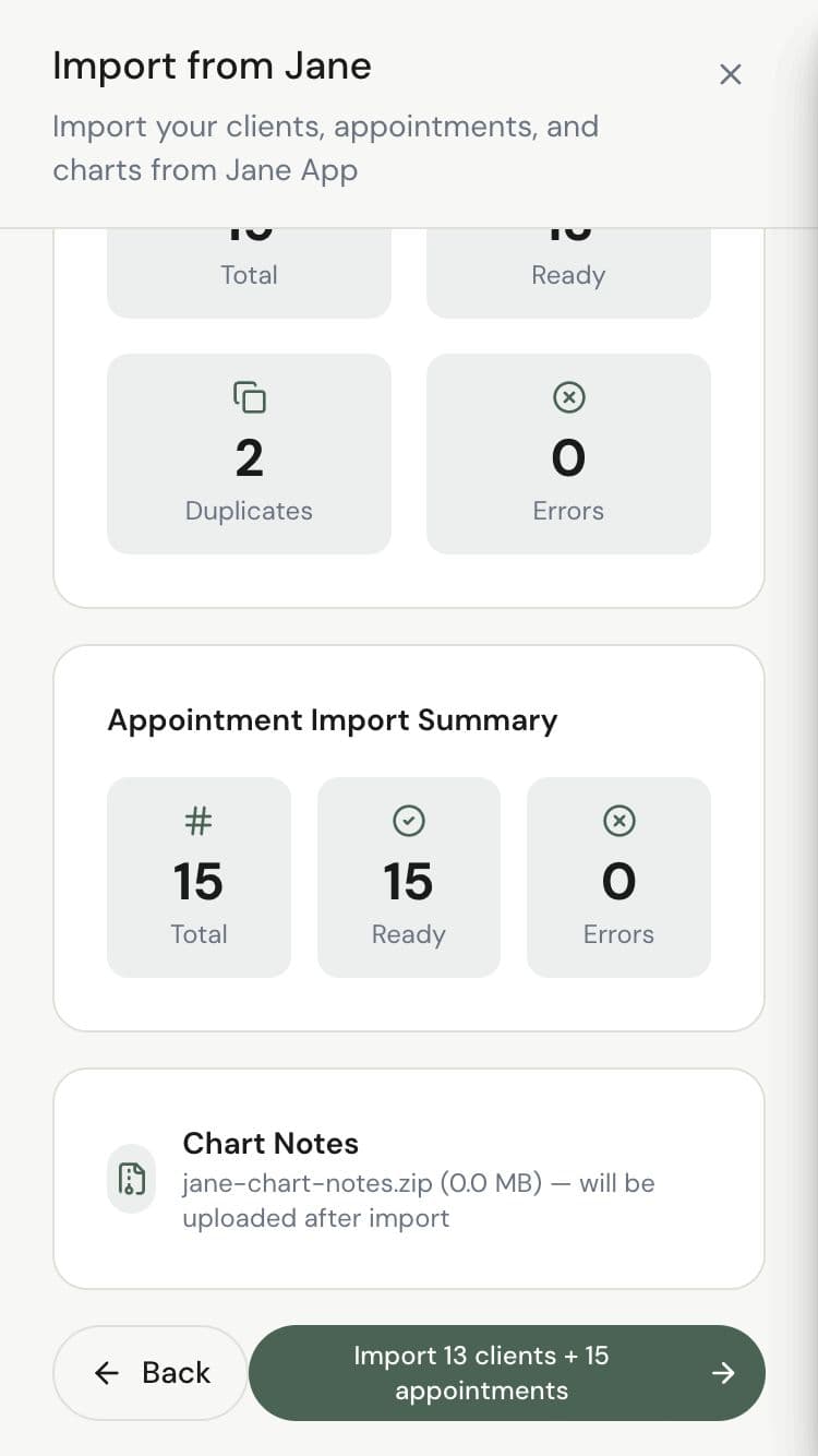 Import summary showing client and appointment counts