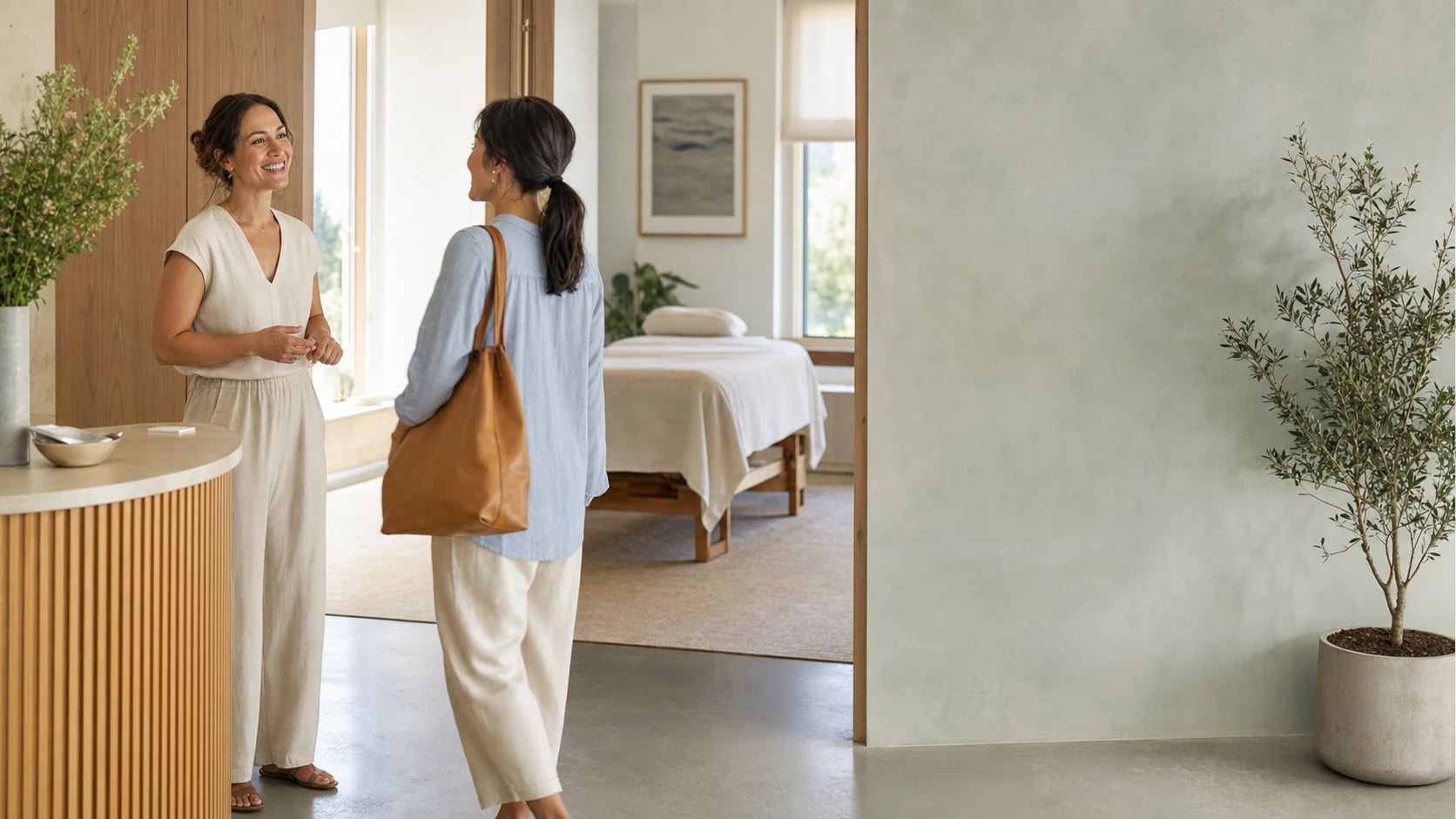 A wellness practitioner welcoming a client into a bright treatment practice