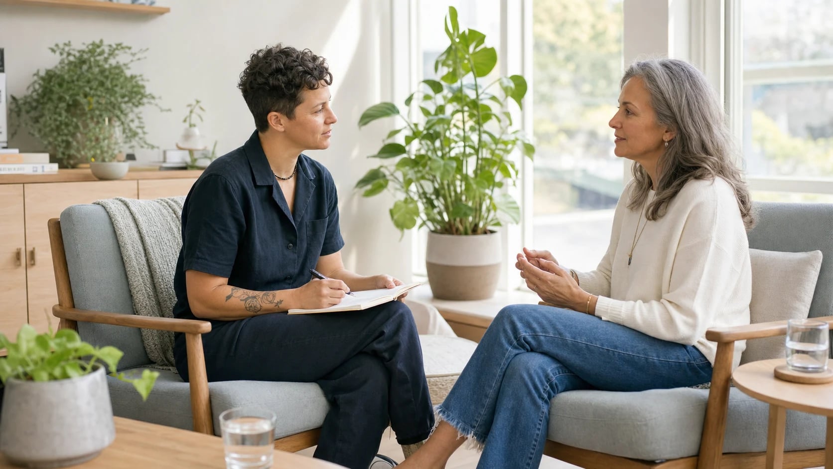 A wellness practitioner and client sharing an attentive conversation in a bright room