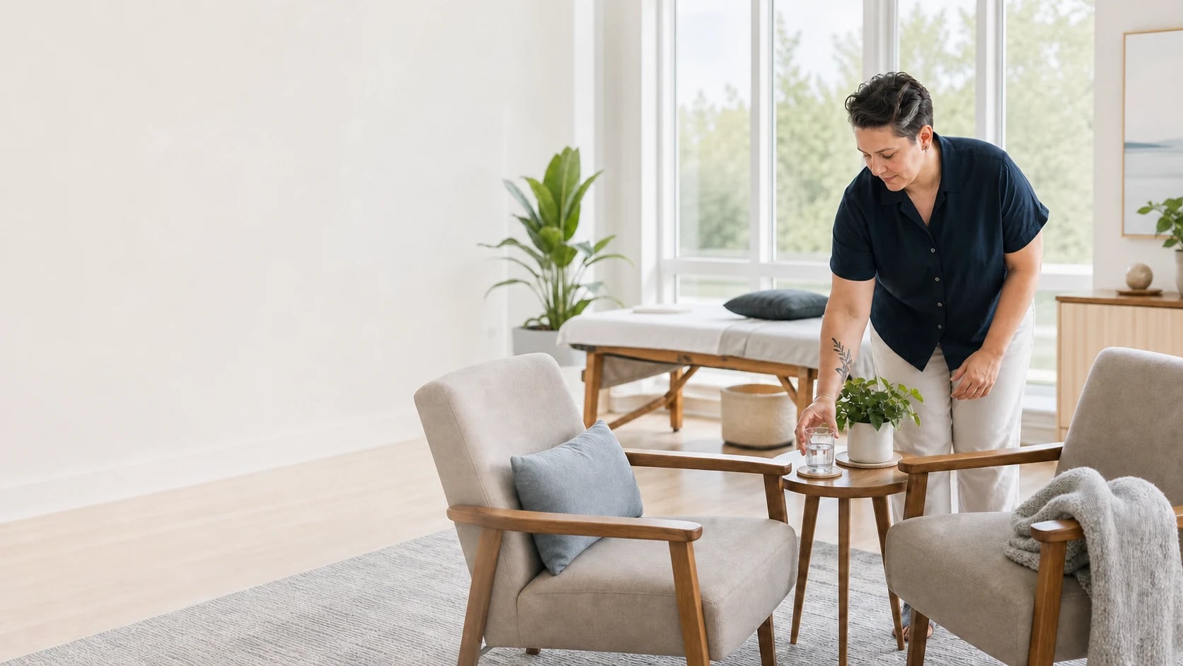 A wellness practitioner welcoming a client into a warm, sunny practice