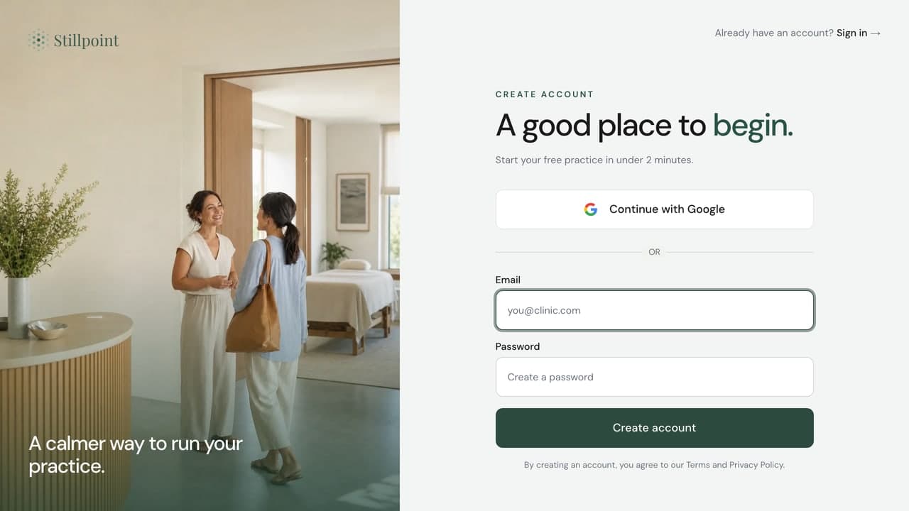 The Stillpoint create account screen